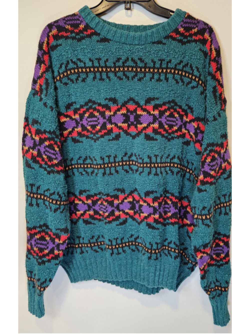 Vintage 90s Lands End Sweater Mens L USA Teal Geometric Cotton Knit